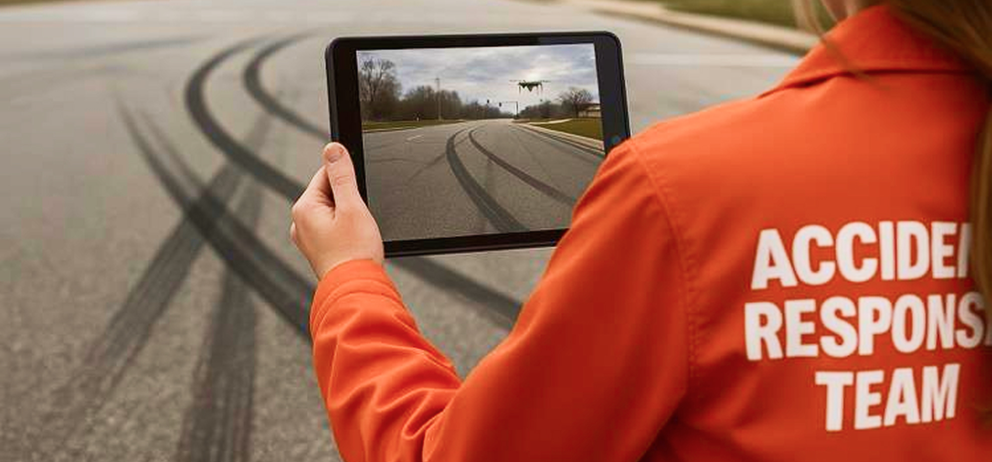 Accident Response Team member using tablet with drone footage of accident scene by Femminineo Law